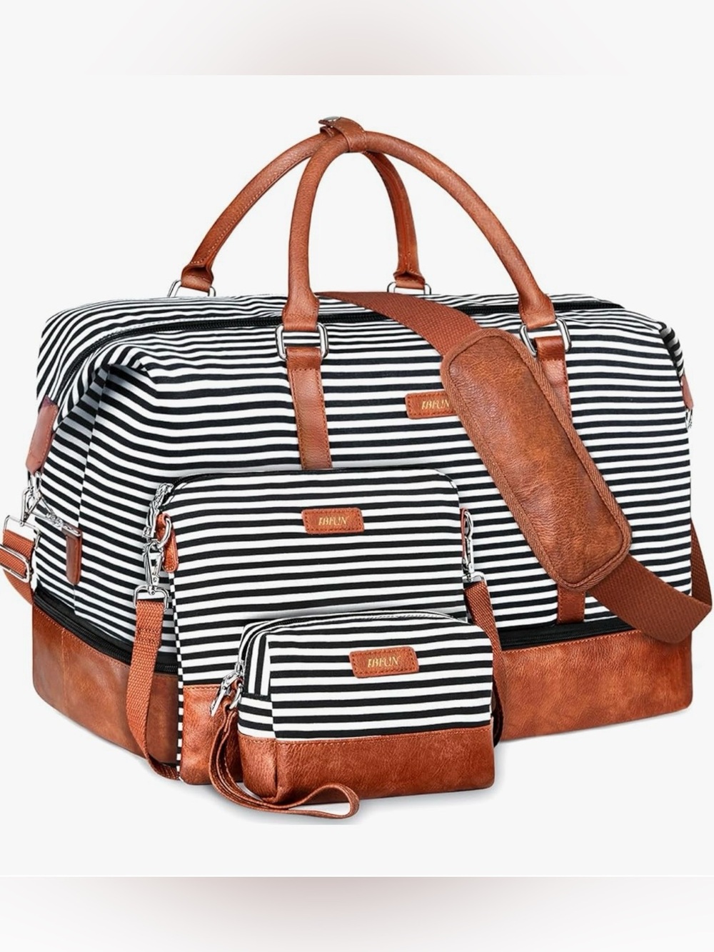 Striped Black & White Travel Duffel with Brown Trim